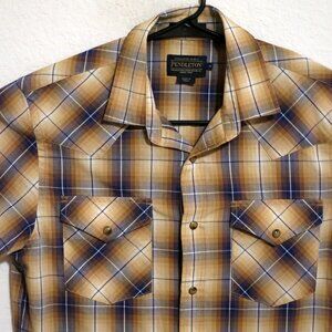 Pendleton Shirt Mens Medium Short Sleeve Pearl Snap Frontier Tan Blue Striped